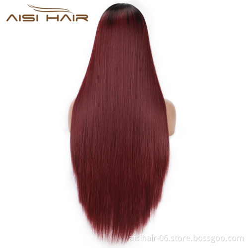 Aisi Hair Long Silky Straight Ombre Wine Synthetic Fiber Wigs For Black Women Long Middle Part Machine Made Synthetic Wigs